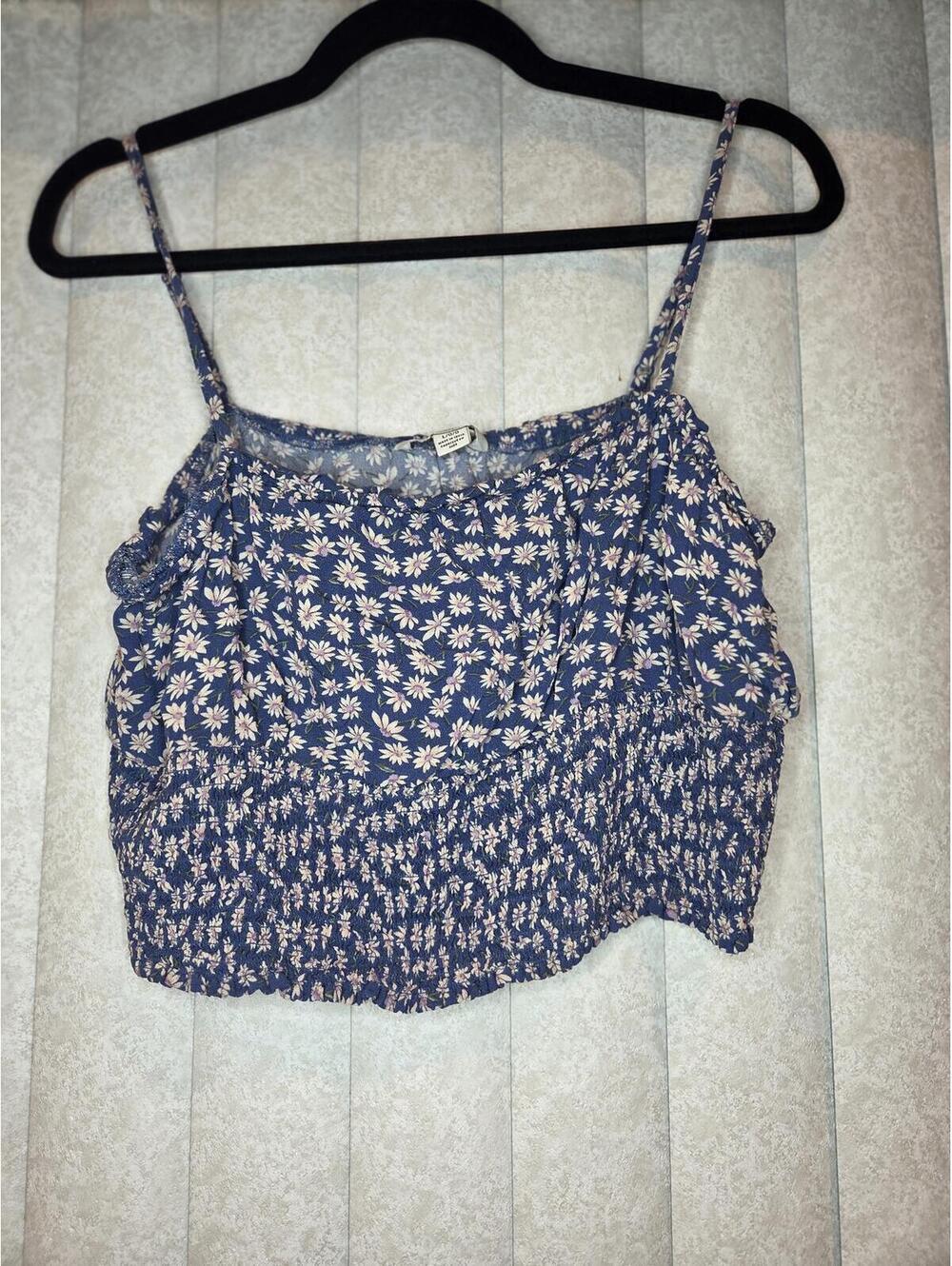 large- American Eagle Blue Floral Smocked Cropped Cami Tank Top